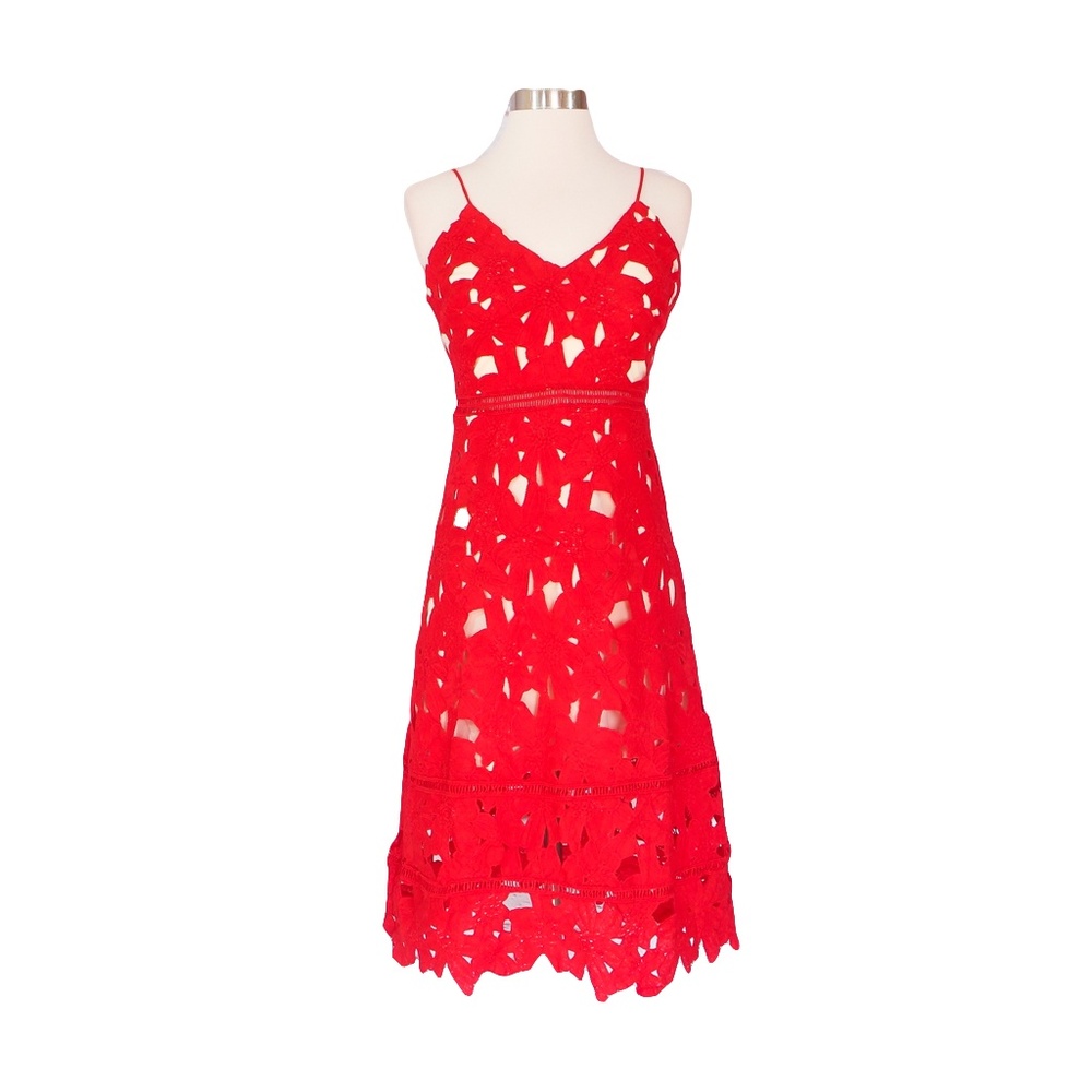 Red Crochet Lace Spaghetti Straps A-Line Dress - Picture 6 of 8
